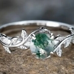 Round Water Grass Agate Ring - 925 Sterling Silver, Hypoallergenic Women size 8